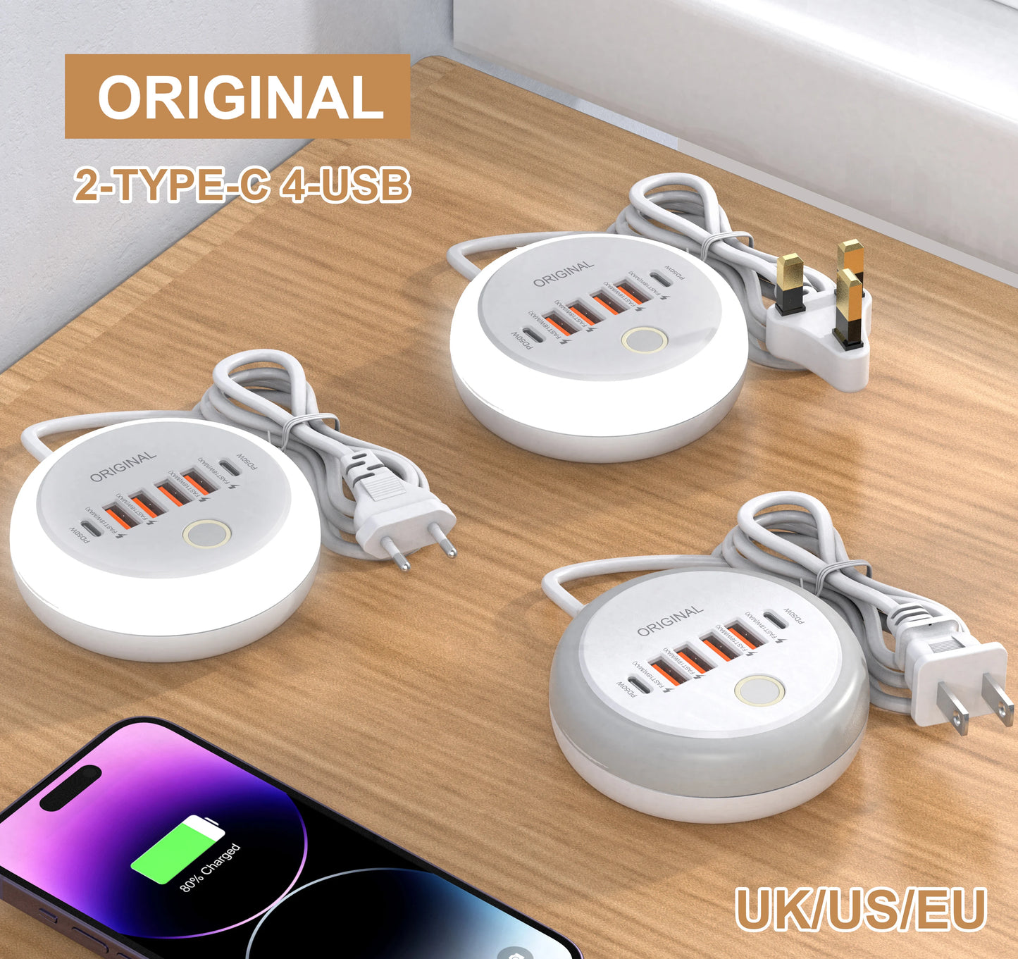 ⚡🔌 50W PD Multi-Port Charger 🚀📱 (4 USB-A + 2 USB-C – EU/US/UK Plug)