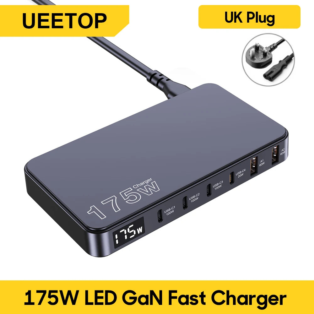 🔌⚡ Ueetop 175W GaN USB-C Desktop Charger – 6 Θύρες με LED Display & PD 100W Fast Charging 🔋