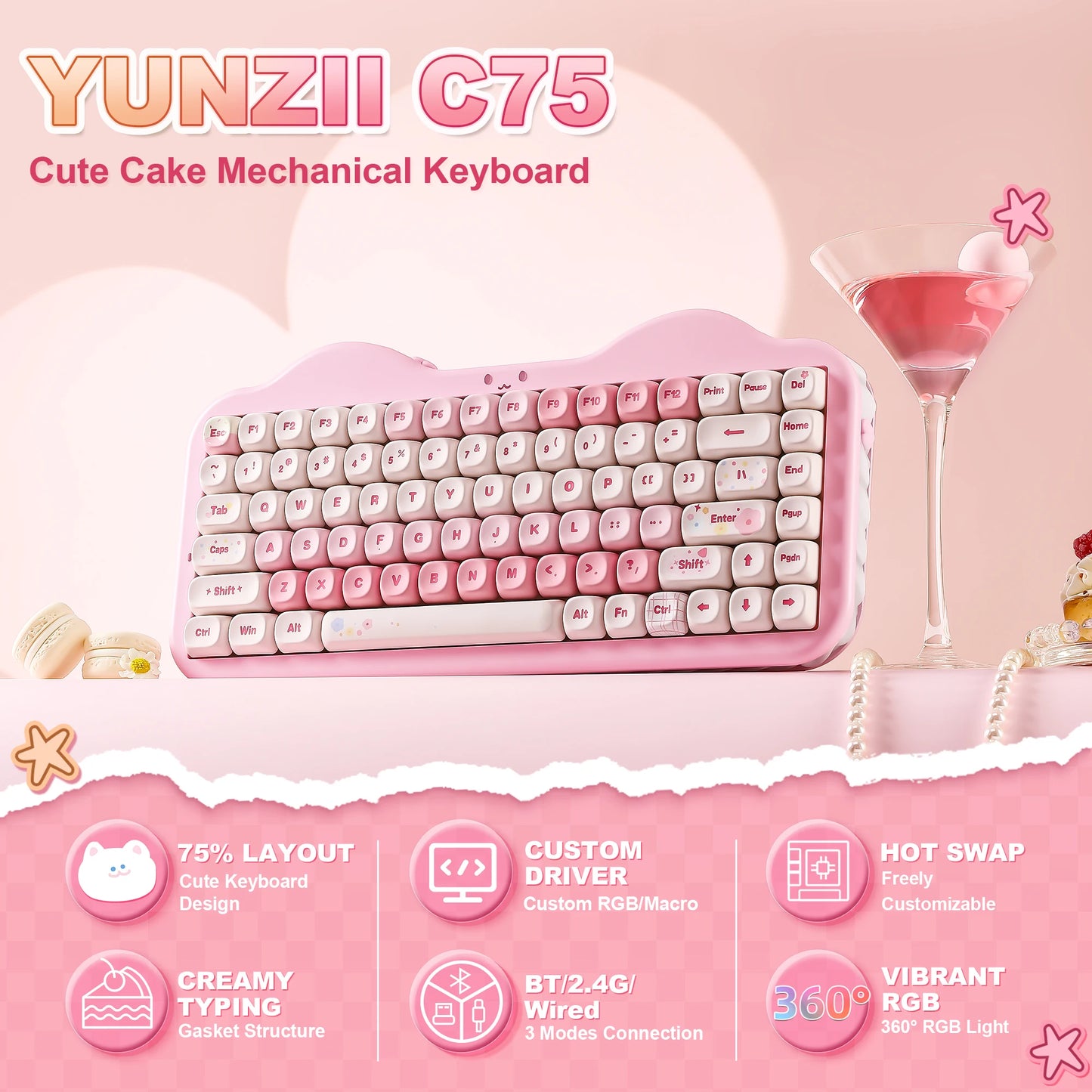 YUNZII C75 Pink Wireless Mechanical Keyboard Το απόλυτο 75% custom keyboard με creamy αίσθηση πληκτρολόγησης
