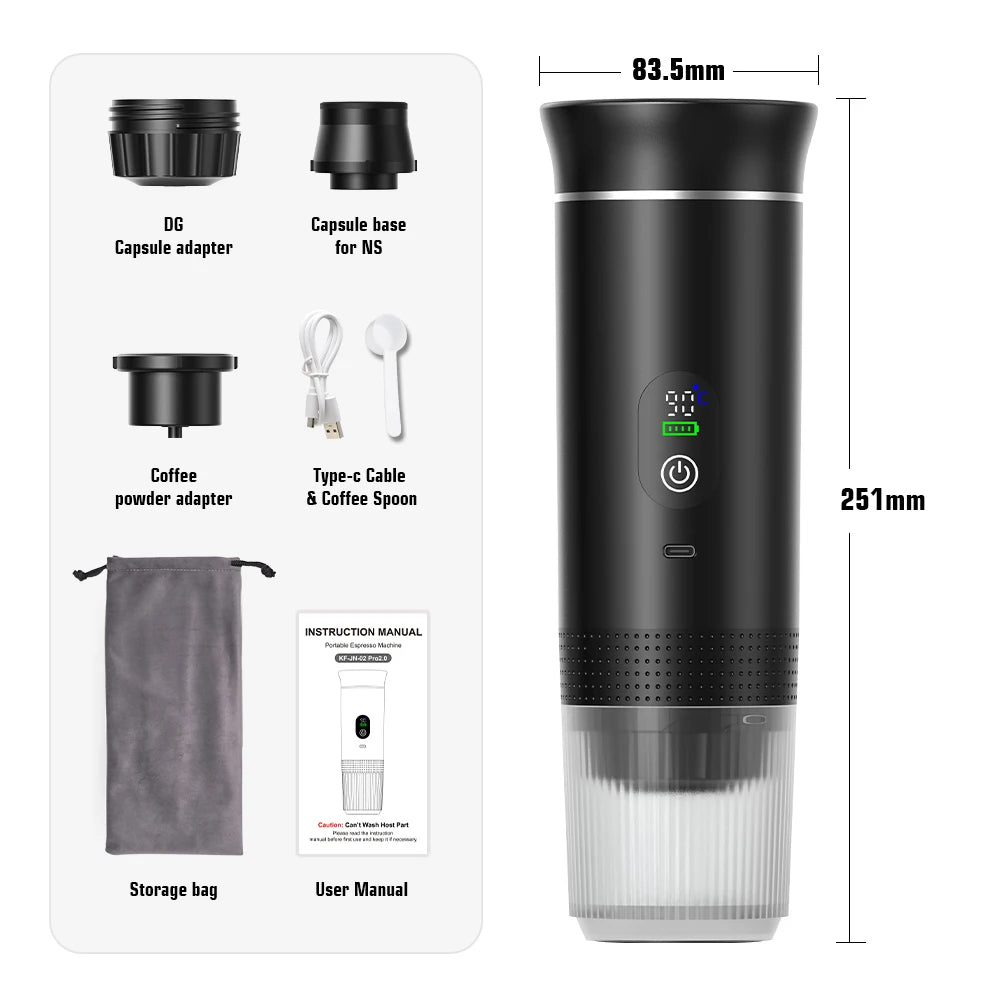 ☕🚗 Wireless Electric Portable Espresso Coffee Machine – 3 σε 1 Καφετιέρα Κάψουλας & Αλεσμένου Καφέ για Σπίτι, Αυτοκίνητο & Camping