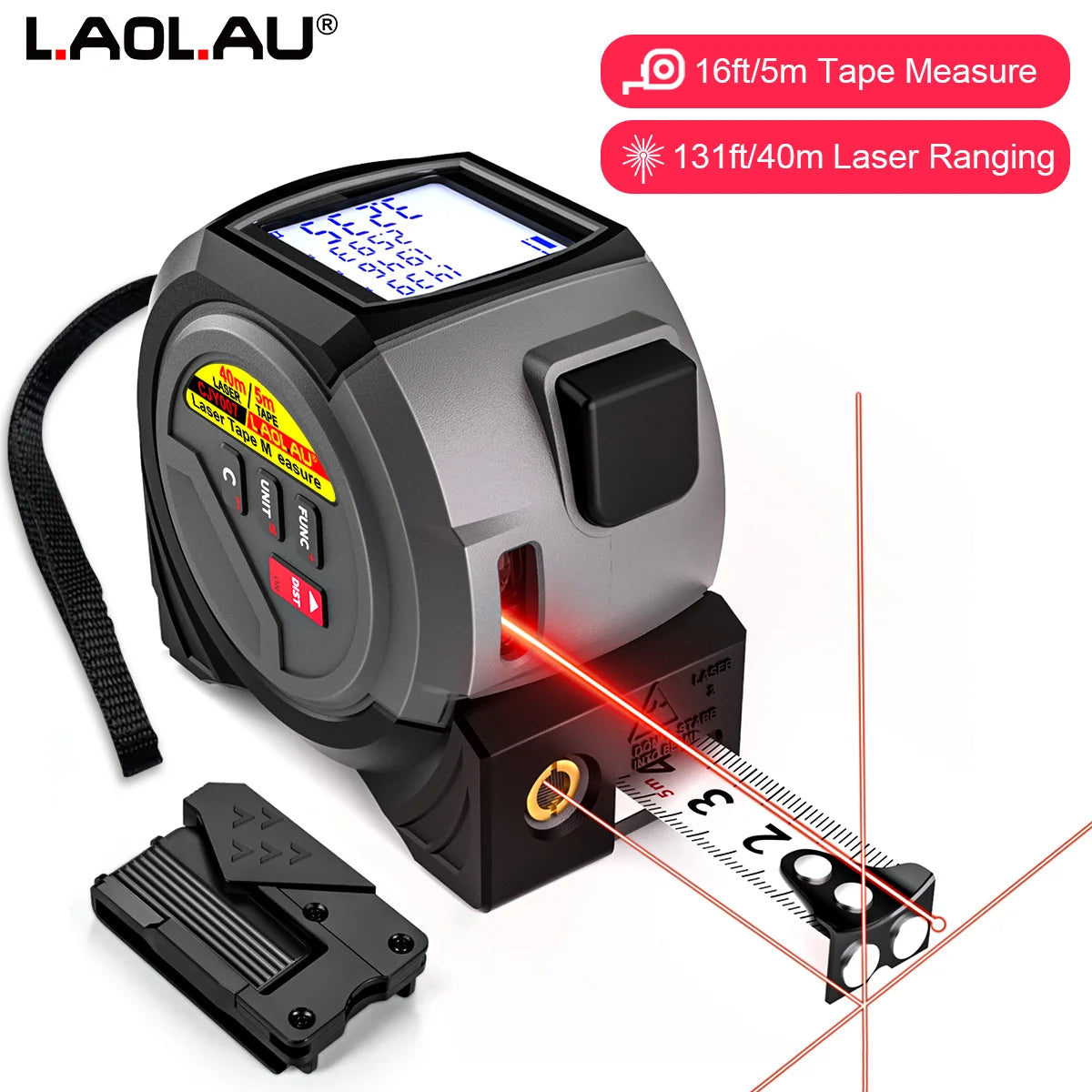 📐🔦 3-in-1 Laser Distance Meter & Measuring Tape 5m – Digital Distance Measurer with Laser Cross and Magnet 🔦📐