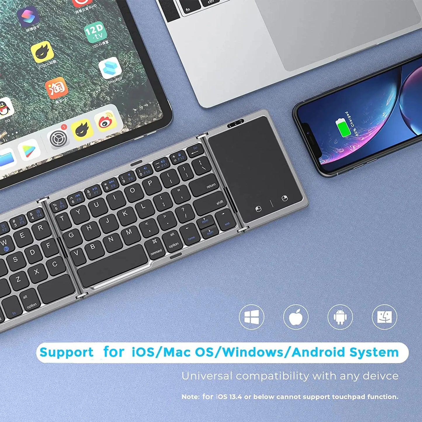 💻🔗 3-Folding Bluetooth Keyboard με Touchpad – Πτυσσόμενο, Επαναφορτιζόμενο, Συμβατό με Windows, Android & iOS! Μικρό σε μέγεθος – Μεγάλο σε δυνατότητες! ✨