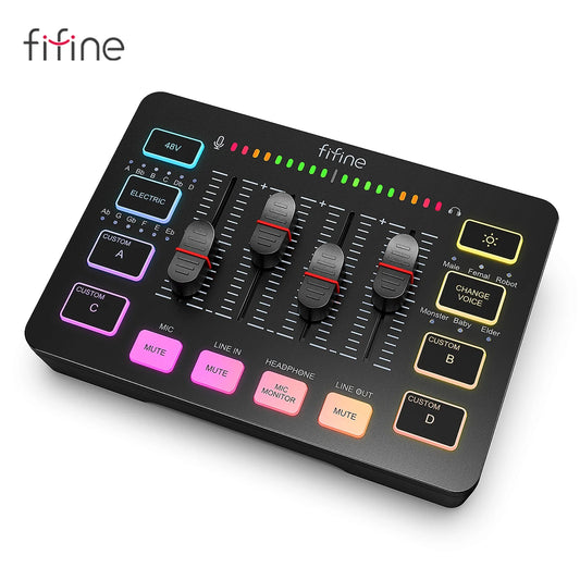 🎧 FIFINE Gaming Audio Mixer – AmpliGame SC3  Streaming 4-Channel RGB Mixer με XLR Microphone Interface για Gaming, Podcast & Live Entertainment