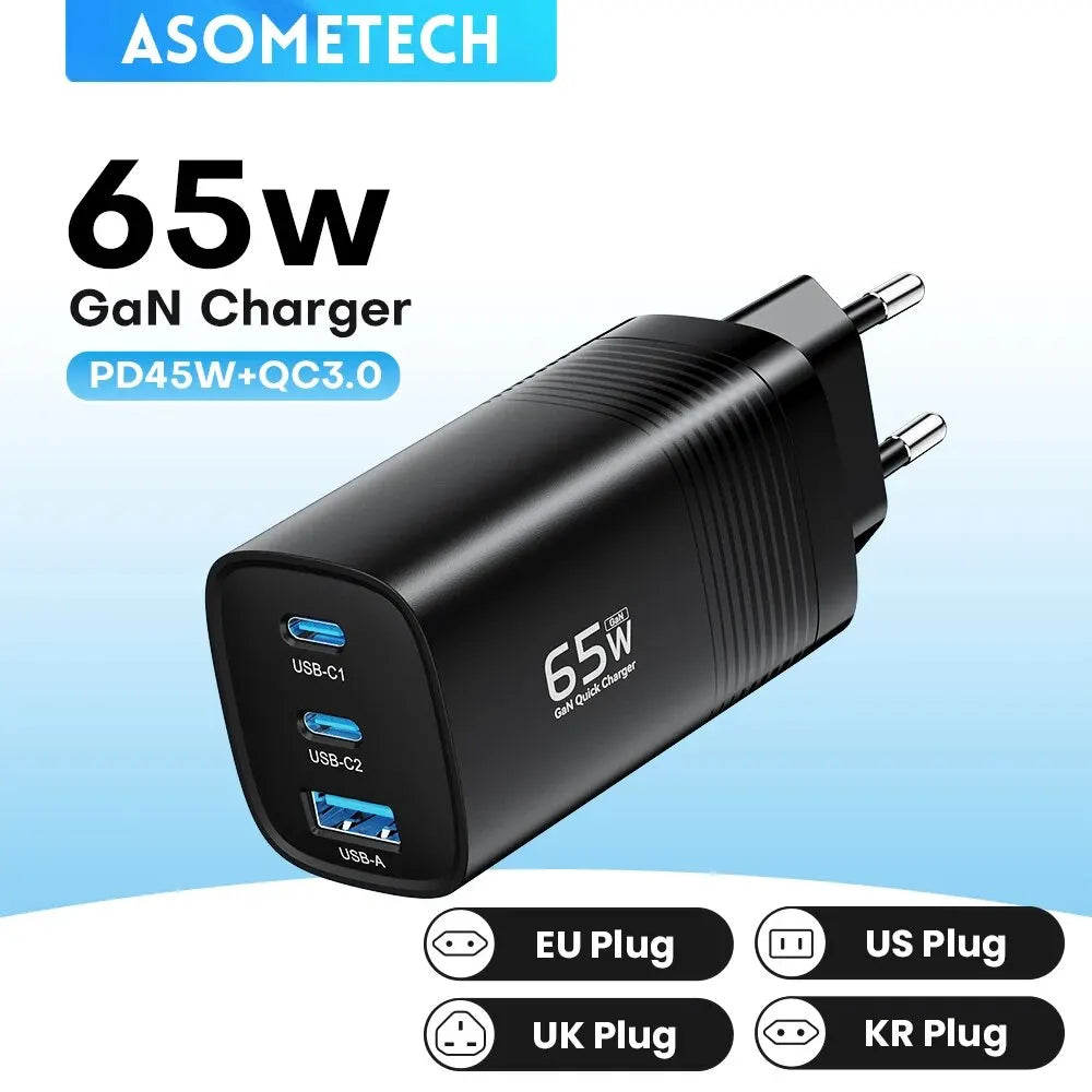 ⚡🔌 ASOMETECH GaN Φορτιστής 65W – 3 Θύρες USB-C & USB-A, PD/QC4.0, PPS για Laptop, MacBook, iPhone & Samsung 🚀