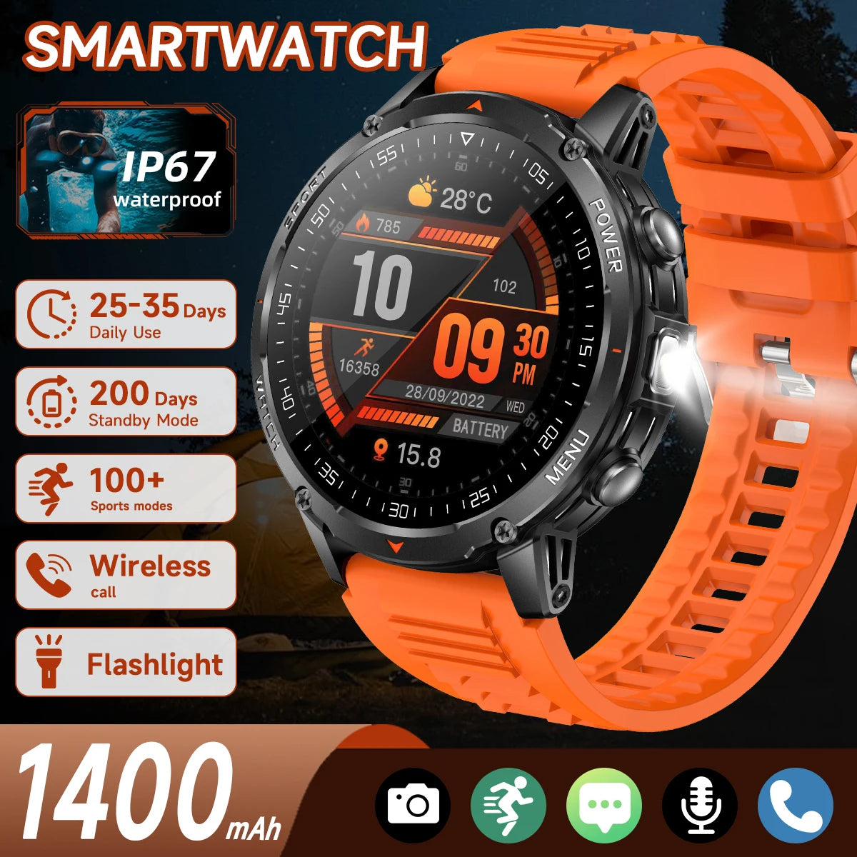 Military Smartwatch με 1400mAh Μπαταρία & Bluetooth Calling