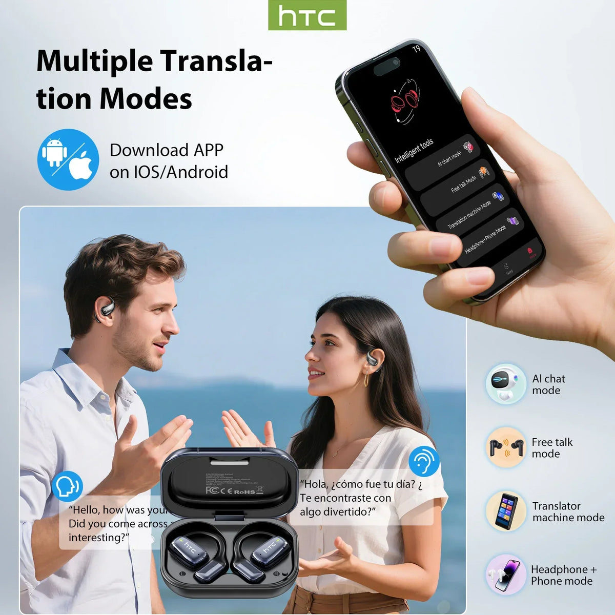 HTC NE25 AI Translator Earbuds with LCD Touch Screen – Open-Ear Bluetooth 5.3 Earbuds with Translation in 134 Languages & 50 Hours of Battery Life