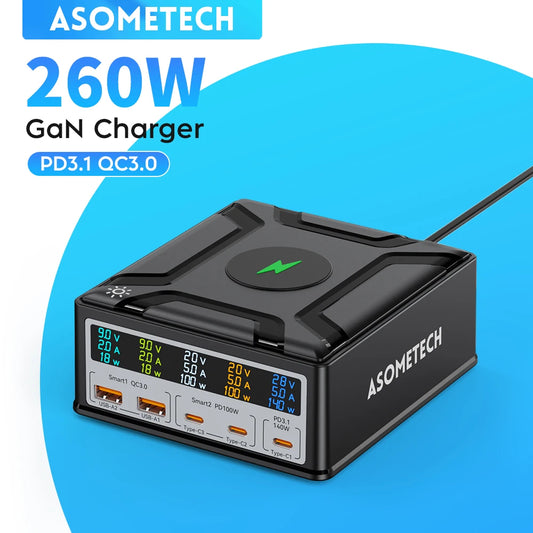 ⚡🔋 ASOMETECH 260W GaN Desktop Charger – PD3.1 140W, 6 Θύρες + Ασύρματη Φόρτιση, Digital Display 💻📱⌚