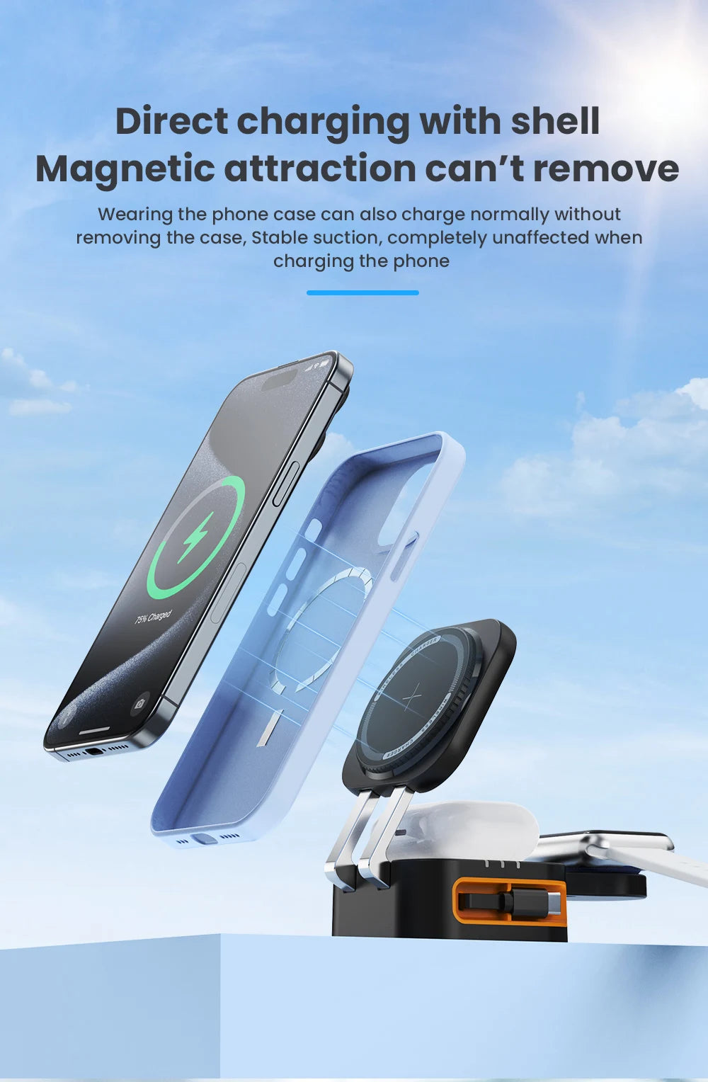 3-in-1 Portable 15W MagSafe Wireless Charging Cradle με Αναδιπλούμενο Καλώδιο