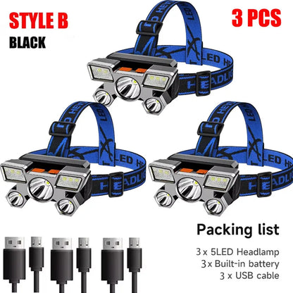 🔦 5 LED Επαναφορτιζόμενος Φακός Κεφαλής με Ενσωματωμένη Μπαταρία – Αδιάβροχος για Camping, Ψάρεμα & Περιπέτεια