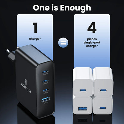⚡ ASOMETECH 100W GaN Fast Charger – Φορτιστής Ταχείας Φόρτισης με 4 Θύρες (3×USB-C + 1×USB-A)