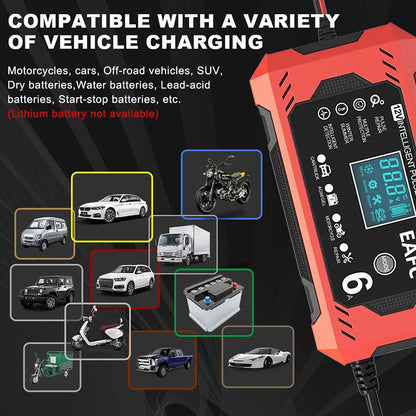 🔋🚗 Smart Battery Charger 12V 6A – Car & Motorcycle with LCD Repair Mode 🚗🔋