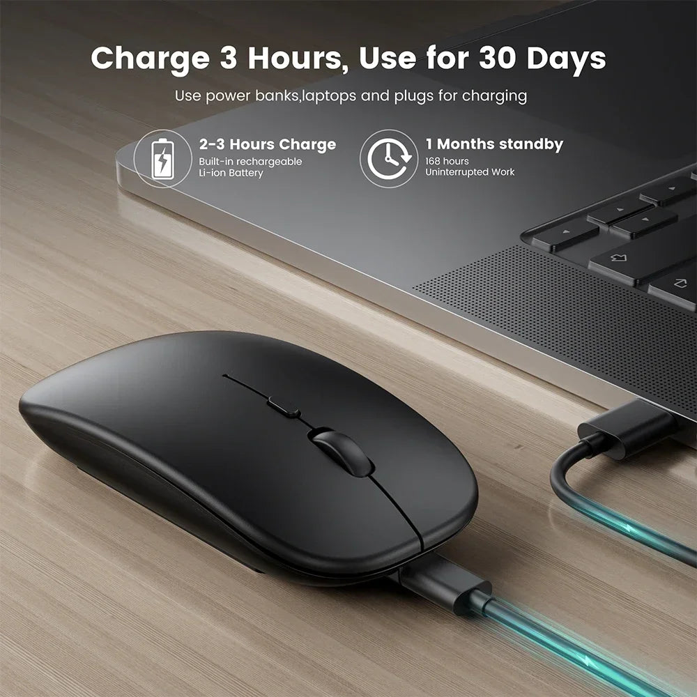 🖱️ Rechargeable Wireless Mouse – Dual Mode Bluetooth + 2.4GHz • Silent Click • Rechargeable Battery • 800–1600 DPI • Ultra-Slim Design ⚡