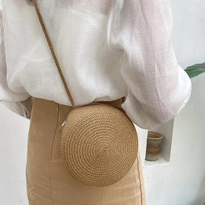 👜🌴 Minimalist Straw Bag – Στρογγυλή Τσάντα Ώμου & Χιαστί, Καλοκαιρινό Στυλ Διακοπών ✨☀️