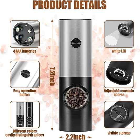 🧂✨ Ηλεκτρικός Αυτόματος Μύλος Αλατιού & Πιπεριού με LED – Σετ Μπαταρίας & Ρυθμιζόμενη Άλεση ✨🧂