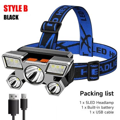 🔦 5 LED Επαναφορτιζόμενος Φακός Κεφαλής με Ενσωματωμένη Μπαταρία – Αδιάβροχος για Camping, Ψάρεμα & Περιπέτεια