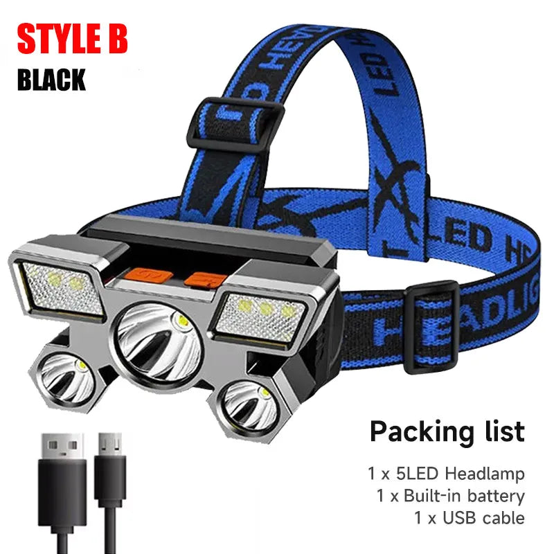 🔦 5 LED Επαναφορτιζόμενος Φακός Κεφαλής με Ενσωματωμένη Μπαταρία – Αδιάβροχος για Camping, Ψάρεμα & Περιπέτεια