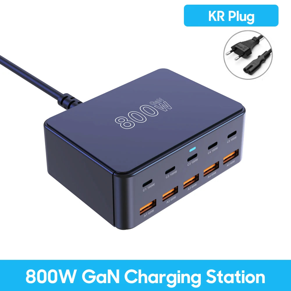 ⚡🔌 800W GaN Desktop Charger – 10 Θύρες USB-C / USB-A PD Fast Charging