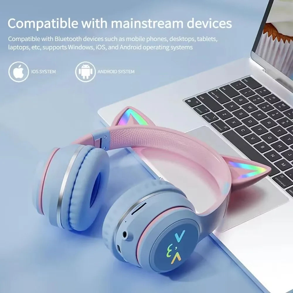 🎧 RGB Glow Cat Ear Wireless Headphones | Bluetooth 5.3 Earbuds με LED Φωτισμό & Μικρόφωνο | Ασύρματα Gaming & Sports Headphones