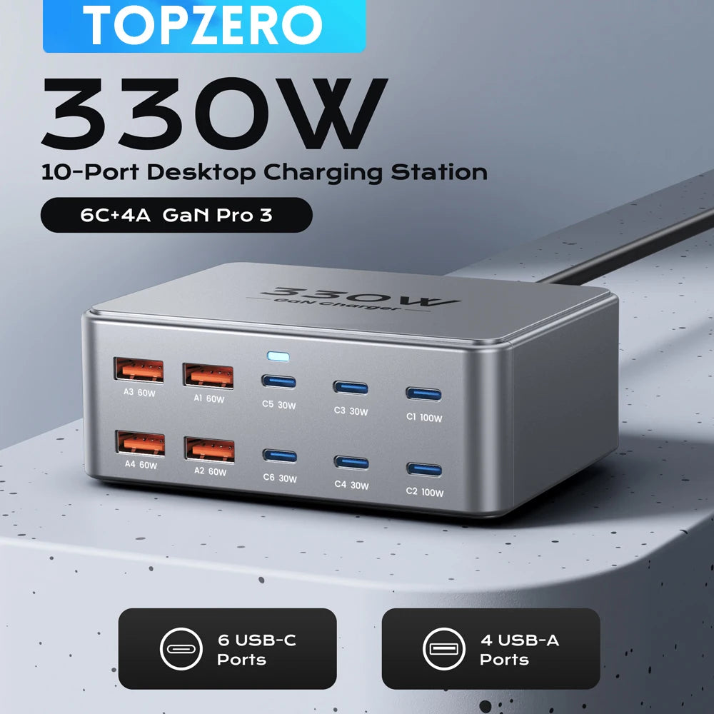 ⚡🔋 330W GaN Multiport Charger – Σταθμός Γρήγορης Φόρτισης 10 Θυρών (6×USB-C + 4×USB-A) 💻📱