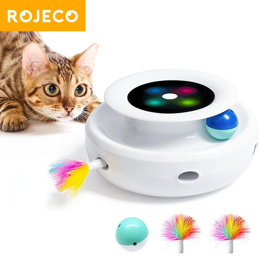 🐱 ROJECO 2-in-1 Smart Cat Toy – Διαδραστικό Παιχνίδι με Φτερό & Αυτόματη Μπάλα για Κατοικίδια