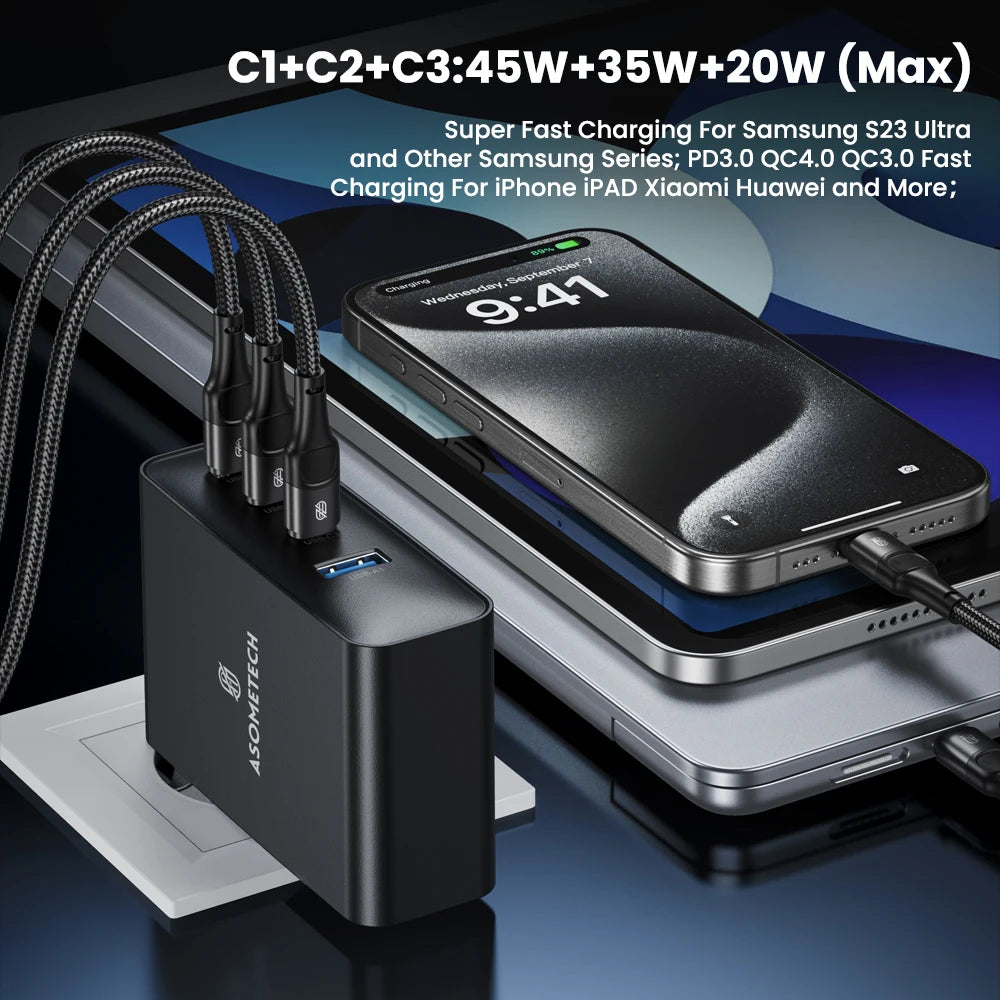 ⚡ ASOMETECH 100W GaN Fast Charger – Φορτιστής Ταχείας Φόρτισης με 4 Θύρες (3×USB-C + 1×USB-A)