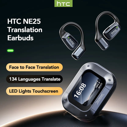 HTC NE25 AI Translator Earbuds with LCD Touch Screen – Open-Ear Bluetooth 5.3 Earbuds with Translation in 134 Languages & 50 Hours of Battery Life