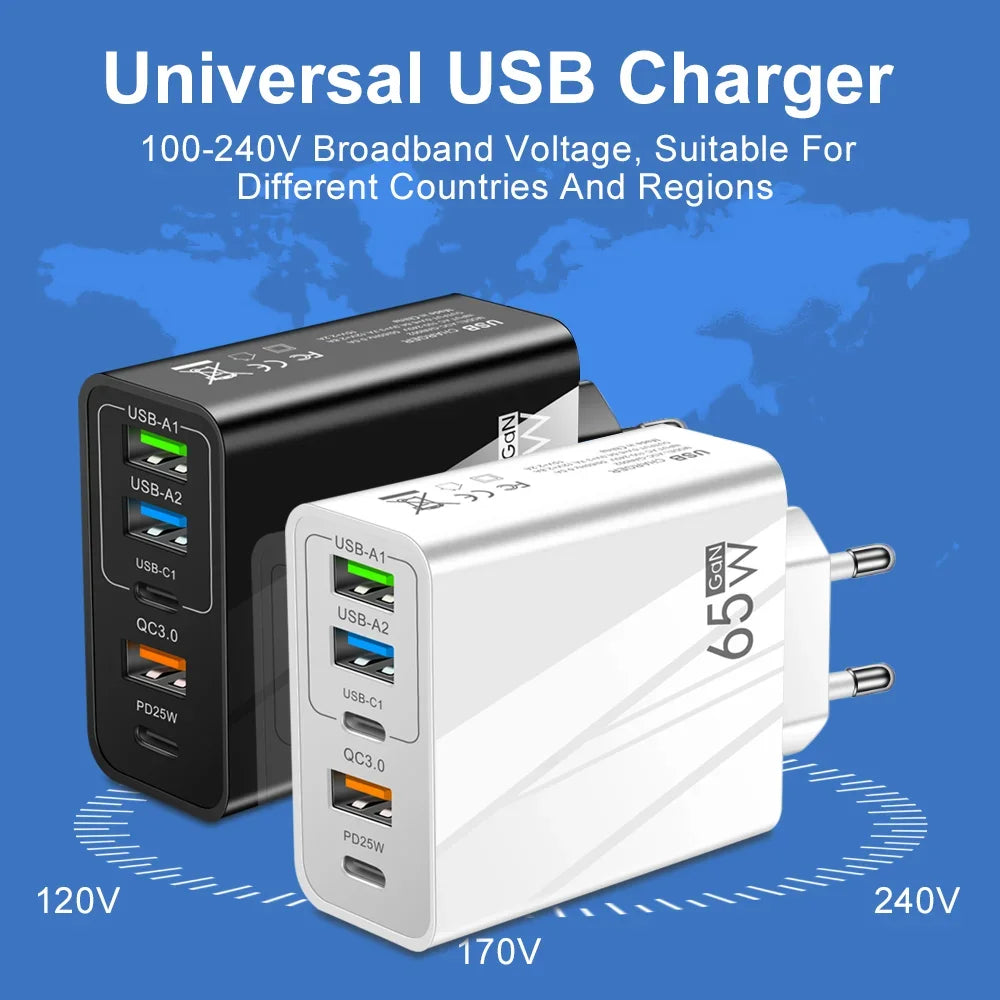 ⚡🔋 65W GaN Multi-Port Charger 🚀📱 (3 USB + 2 PD – 5 Θύρες)