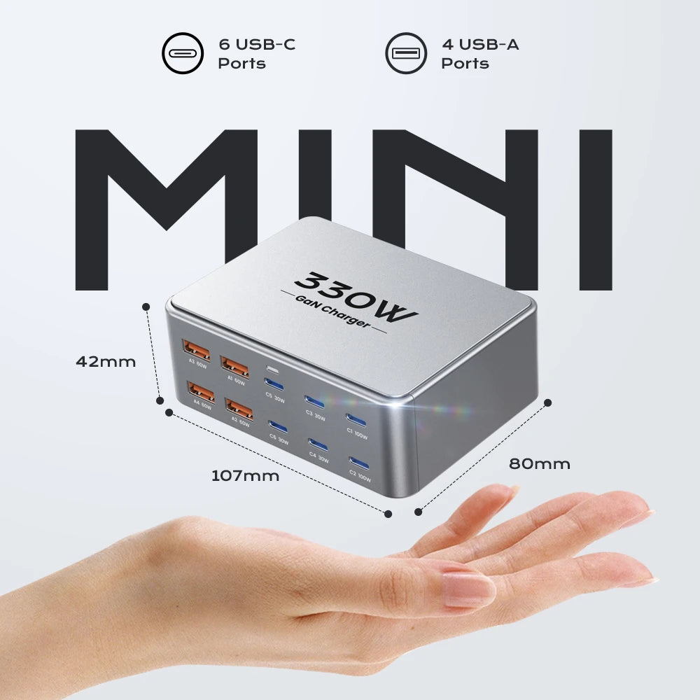 ⚡🔌 330W GaN Desktop Charger – 10 Θύρες (6×USB-C + 4×USB-A) PD 3.0 / PPS / QC 3.0