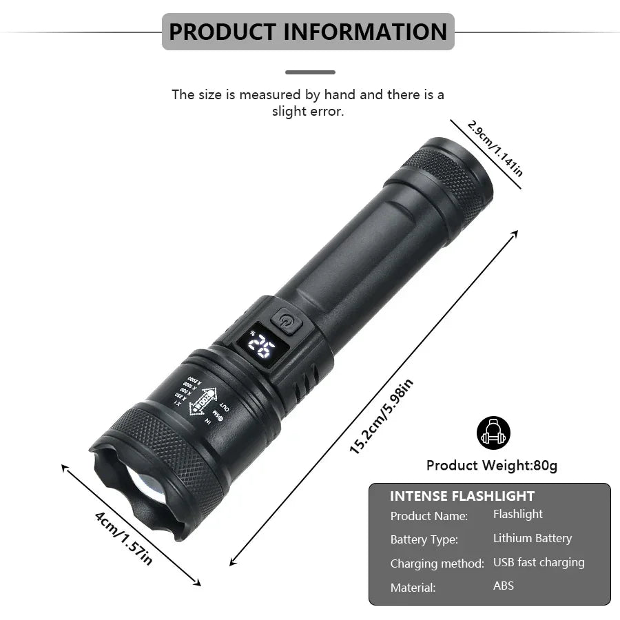 🔦 9900LM Powerful LED Flashlight – Επαναφορτιζόμενος Φακός με Zoom & Ένδειξη Μπαταρίας (USB Type-C)
