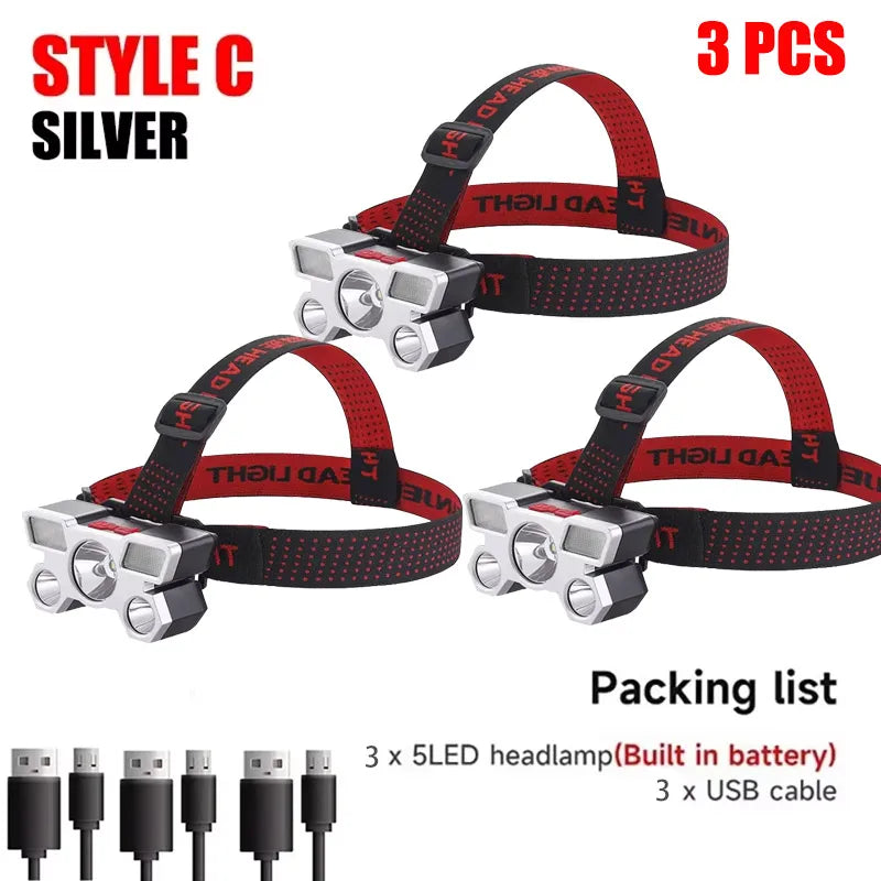 🔦 5 LED Επαναφορτιζόμενος Φακός Κεφαλής με Ενσωματωμένη Μπαταρία – Αδιάβροχος για Camping, Ψάρεμα & Περιπέτεια