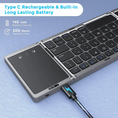 💻🔗 3-Folding Bluetooth Keyboard με Touchpad – Πτυσσόμενο, Επαναφορτιζόμενο, Συμβατό με Windows, Android & iOS! Μικρό σε μέγεθος – Μεγάλο σε δυνατότητες! ✨