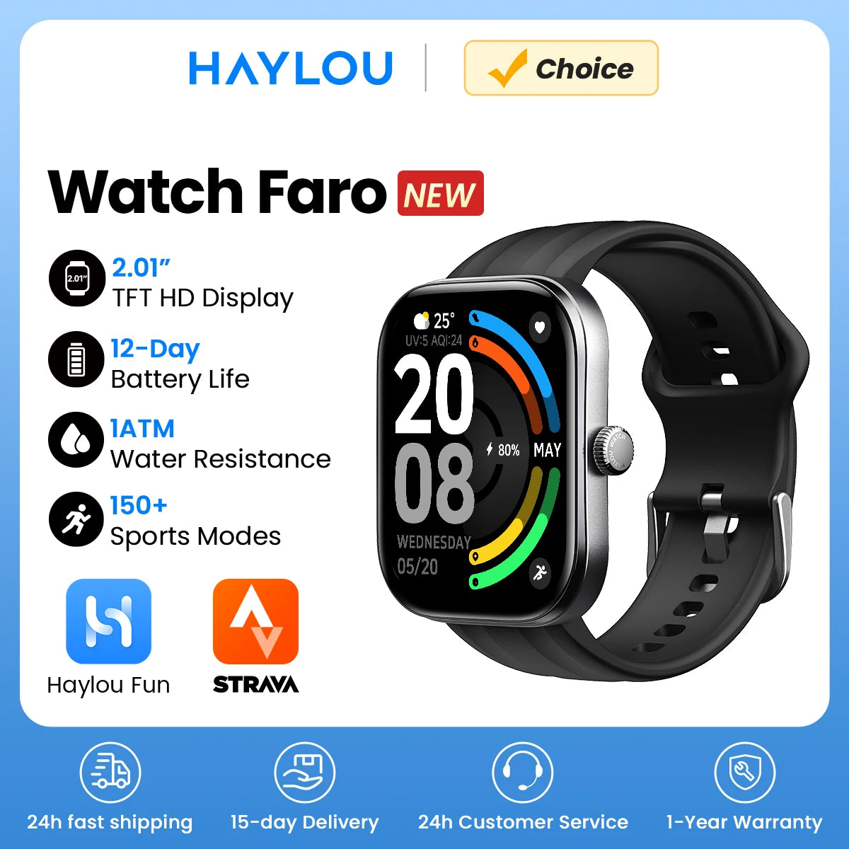 HAYLOU Watch Faro Smartwatch 2.01" – Bluetooth Κλήσεις, 150+ Αθλητικές Λειτουργίες, 12 Ημέρες Μπαταρία & 1ATM