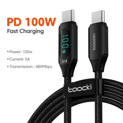 ⚡🔌 Toocki 100W USB-C Cable – Υψηλής Ταχύτητας Καλώδιο Φόρτισης & Δεδομένων 🔋 Με LED Digital Display (5A)