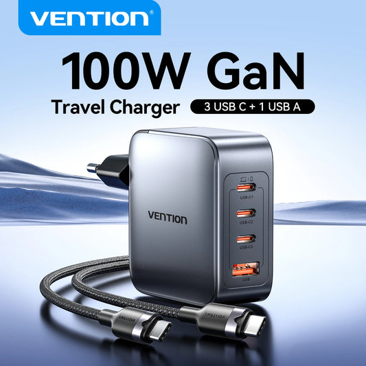 ⚡ Vention 100W GaN Φορτιστής 4 Θυρών USB-C – PD Fast Charge Η απόλυτη λύση για ταυτόχρονη και γρήγορη φόρτιση laptop, tablet και smartphone! 💻📱🔋