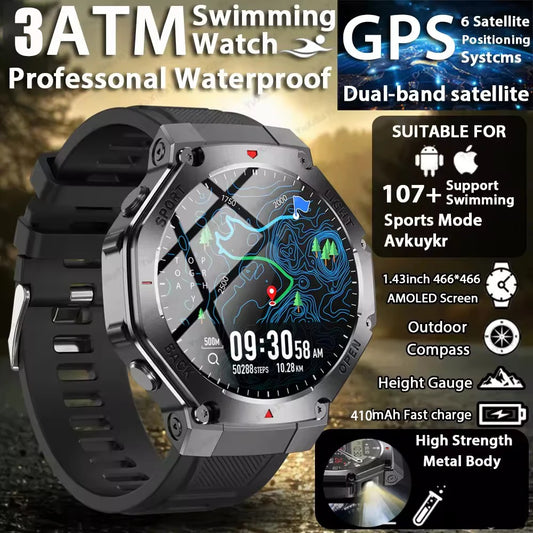 ⌚ 2025 New Men Sports Smart Watch GPS | AMOLED | Heart Rate Monitor | LED Flashlight | NFC | Bluetooth Call | 3ATM Waterproof