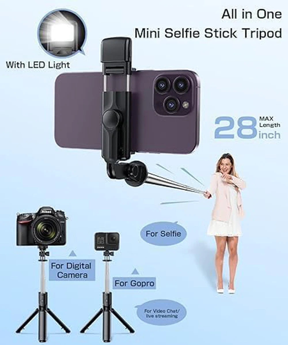 🤳📸 Bluetooth Wireless Selfie Stick Tripod με Remote & LED Light 💡 – Επεκτεινόμενο Τρίποδο για iPhone & Android