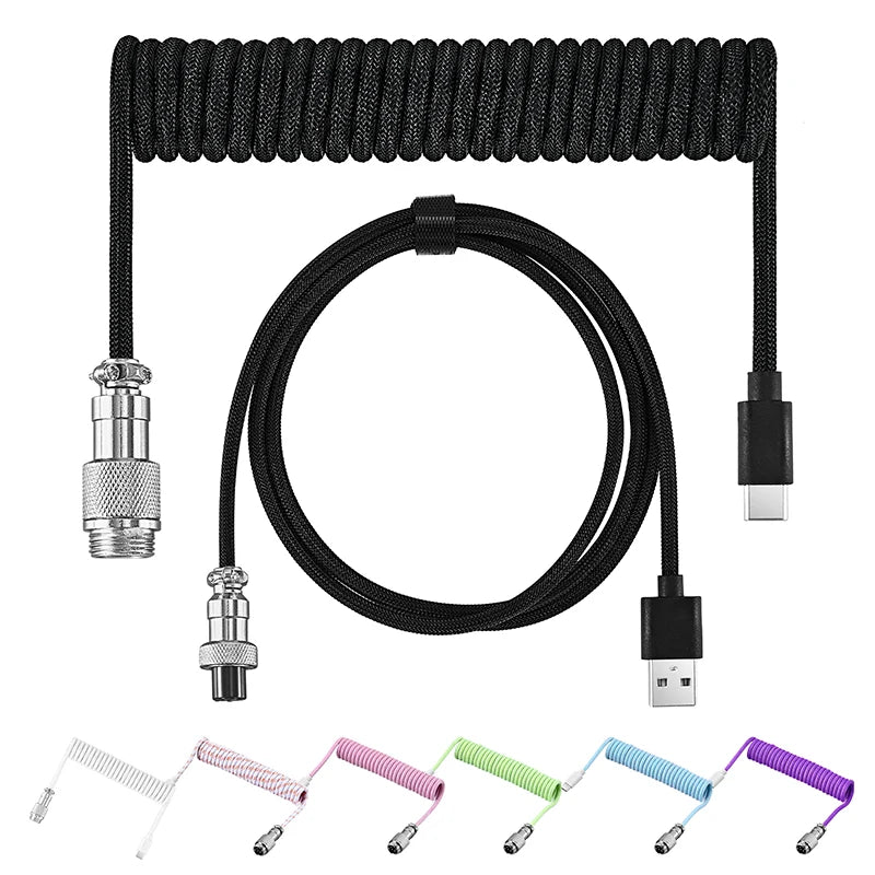 Coiled Keyboard Cable Type-C to USB-A with Detachable Metal Aviator