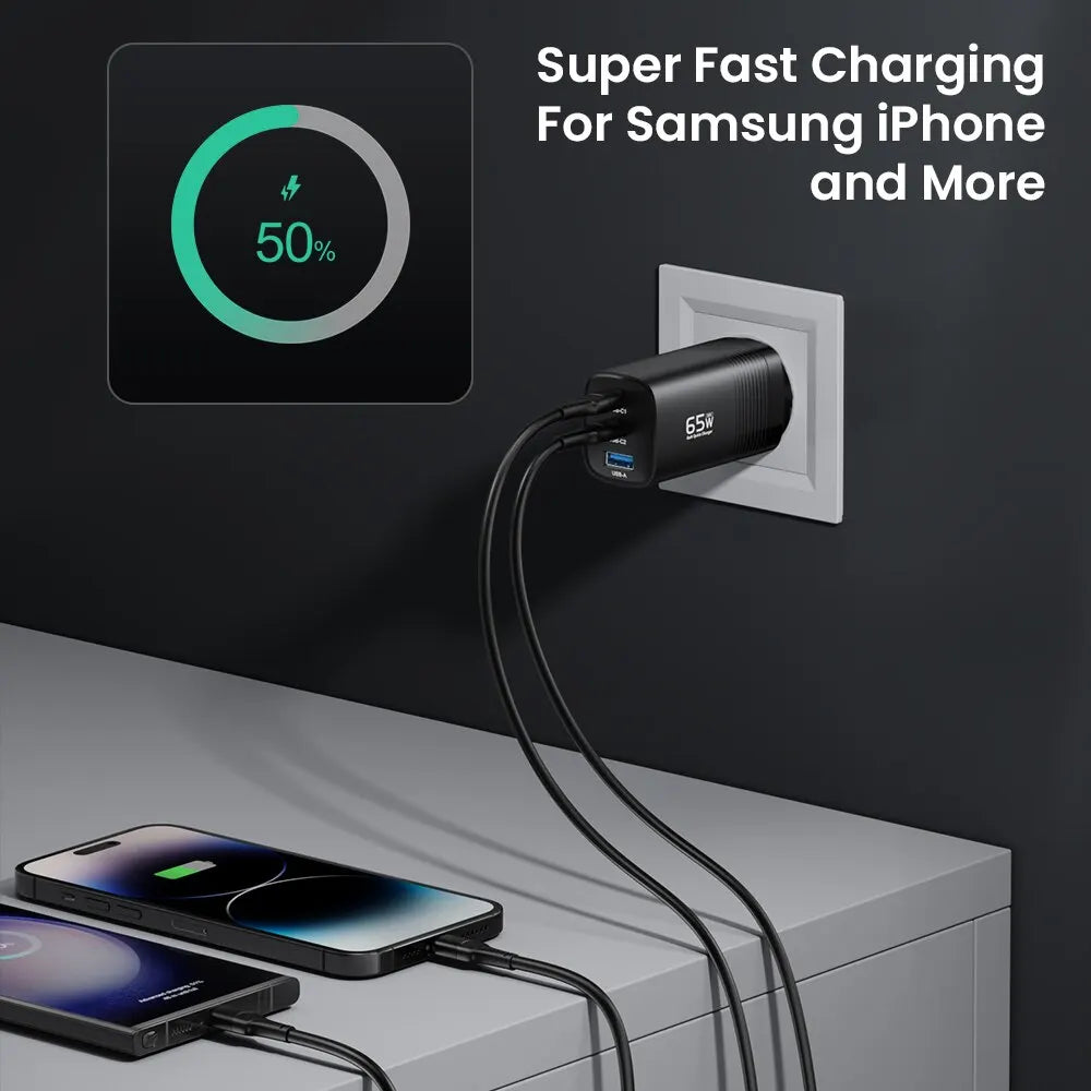 ⚡🔌 ASOMETECH GaN Φορτιστής 65W – 3 Θύρες USB-C & USB-A, PD/QC4.0, PPS για Laptop, MacBook, iPhone & Samsung 🚀