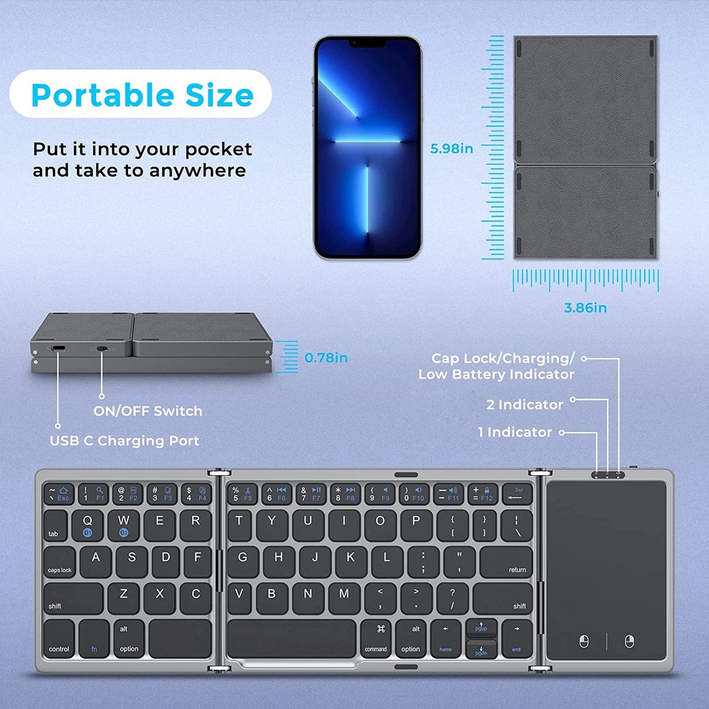 💻🔗 3-Folding Bluetooth Keyboard με Touchpad – Πτυσσόμενο, Επαναφορτιζόμενο, Συμβατό με Windows, Android & iOS! Μικρό σε μέγεθος – Μεγάλο σε δυνατότητες! ✨