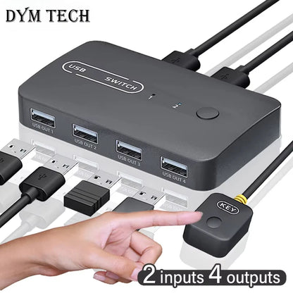 🖥️🔌 USB KVM Switch Adapter 2 Input 4 Output – Keyboard & Mouse Sharing Hub