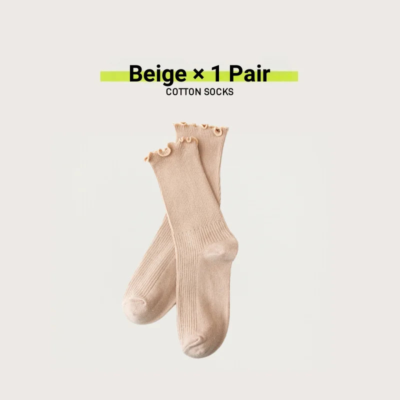 🧦 Γυναικείες Κάλτσες Cotton Stackable – Vintage Στυλ με Ruffle Trim (1/3/5 Ζευγάρια)