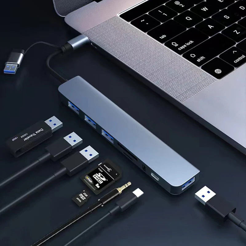 🔌 8-in-2 USB + Type-C HUB Docking Station με 3.5mm Audio & Card Reader