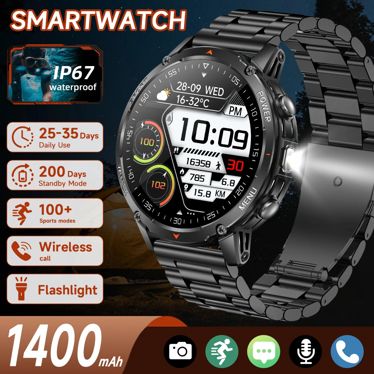 Military Smartwatch με 1400mAh Μπαταρία & Bluetooth Calling