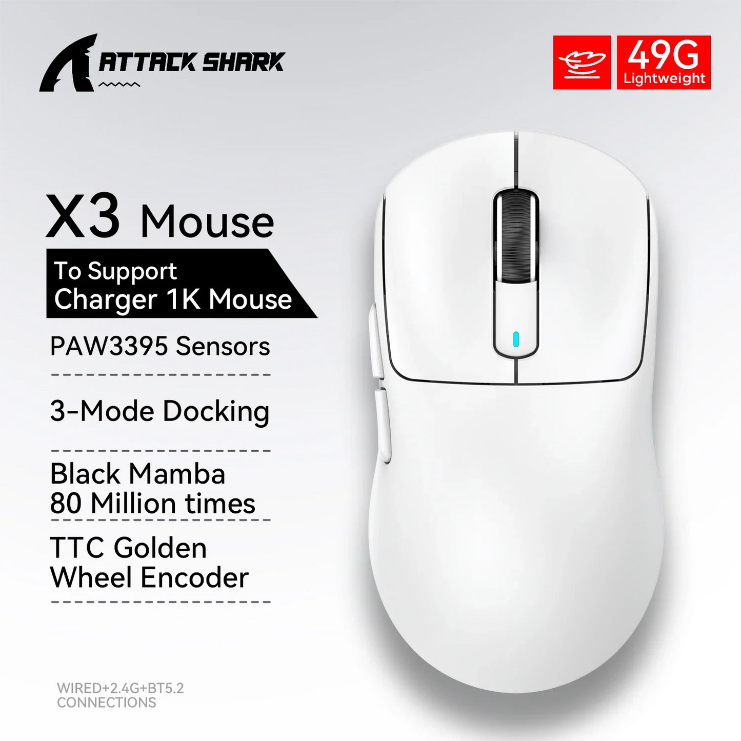 🦈 Attack Shark X3 Tri-Mode Wireless Gaming Mouse – PAW3395, 26000DPI, Ultra Lightweight 🖱️🔥 Pro-level απόδοση με 3 τρόπους σύνδεσης, 49g βάρος & PixArt αισθητήρα – για esports, streamers και creators!