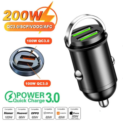 ⚡🚗 Mini Car Charger QC3.0 PD 100W/200W – Dual USB & Type-C Γρήγορος Φορτιστής Αυτοκινήτου 12-24V