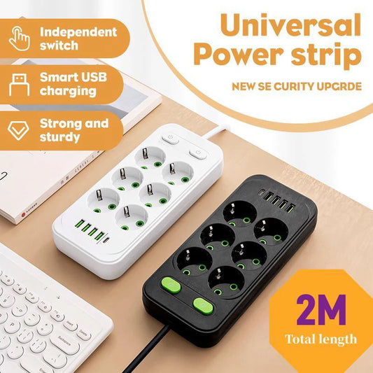 EU Power Strip 🔌 | USB + Type-C Fast Charge ⚡ | 2M Cord 📏 | AC Outlets + Surge Filter 🔋✅