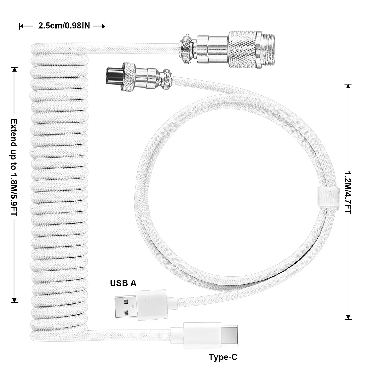 Coiled Keyboard Cable Type-C to USB-A with Detachable Metal Aviator