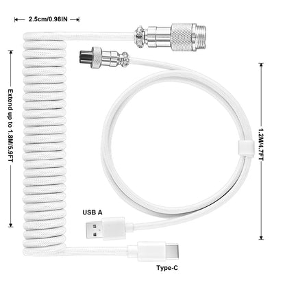 Coiled Keyboard Cable Type-C to USB-A with Detachable Metal Aviator