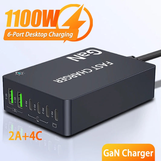 ⚡🔋 GaN Fast Charging Station 1100W – 6 Θύρες (4×USB-C + 2×USB-A) για Laptop, Tablet & Smartphone ✨