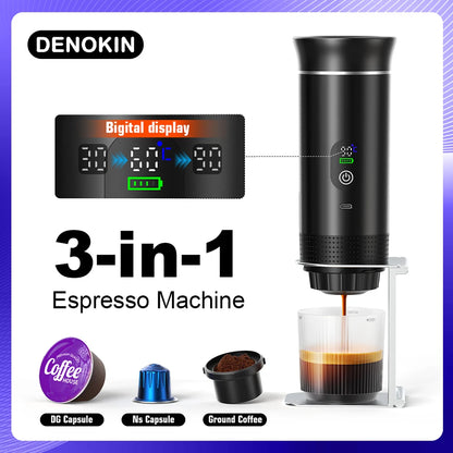 ☕🚗 DENOKIN Φορητή Μηχανή Espresso με Ψηφιακή Οθόνη – 3-σε-1 για Κάψουλες & Αλεσμένο Καφέ 🚗☕